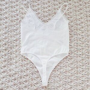 Forever 21 V Neck Strappy Thong Bodysuit Onesie- White